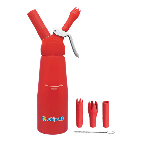 A red rubber-coated aluminum Whip-It cream whipper with a metal handle.
