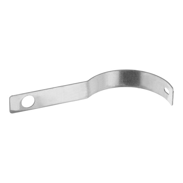 A silver stainless steel curved bracket with holes.