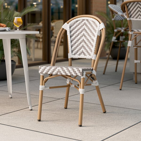 Lancaster Table & Seating Bistro Series Gray and White Chevron Weave Rattan Outdoor Side Chair