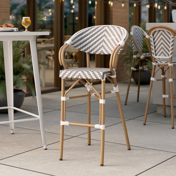 Lancaster Table & Seating Bistro Series Gray and White Chevron Weave Rattan Outdoor Arm Barstool
