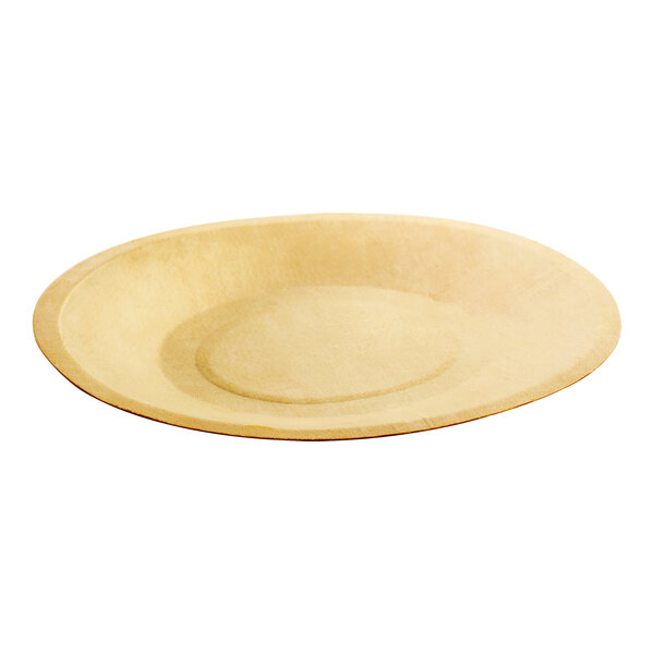A close up of a round beige Front of the House Servewise wood plate with a circle in the middle.
