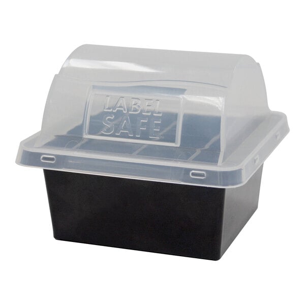 A black metal DayMark Label dispenser with a clear lid on a clear plastic container.