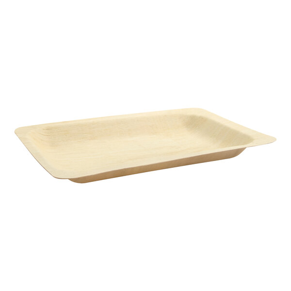 A rectangular wooden Front of the House Servewise wood plate with a fork on it.