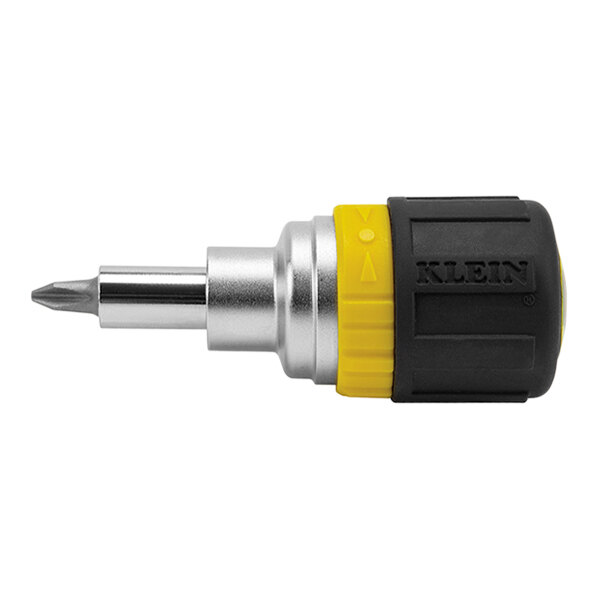 A close-up of a Klein Tools screwdriver with a yellow and black handle.
