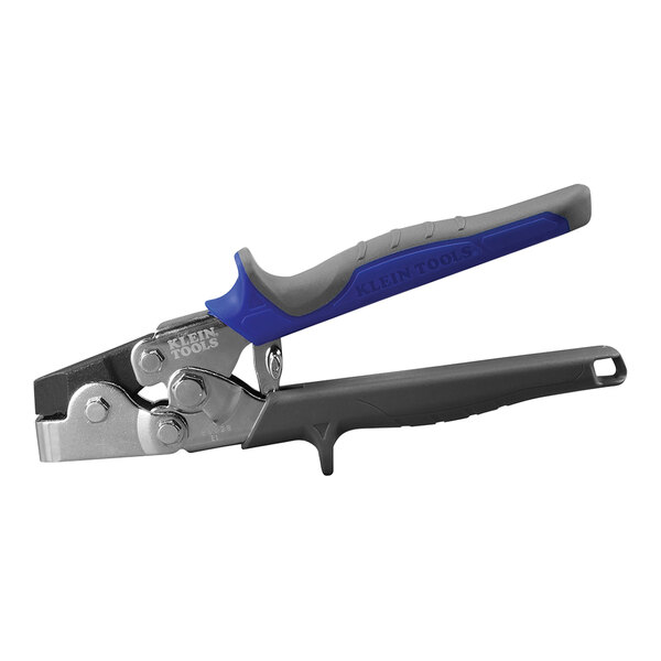 A close-up of a Klein Tools Snap Lock Punch with a blue handle.