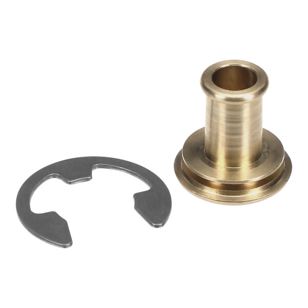 A brass threaded nut and washer on a metal ring.