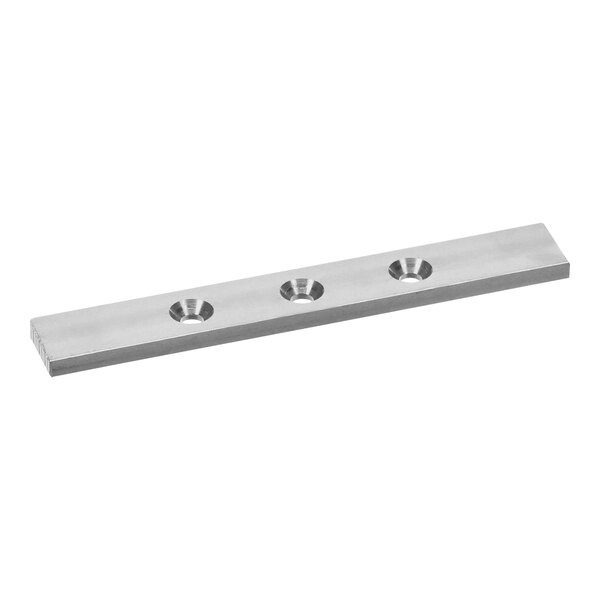A stainless steel AccuTemp spacer hinge plate with three holes.