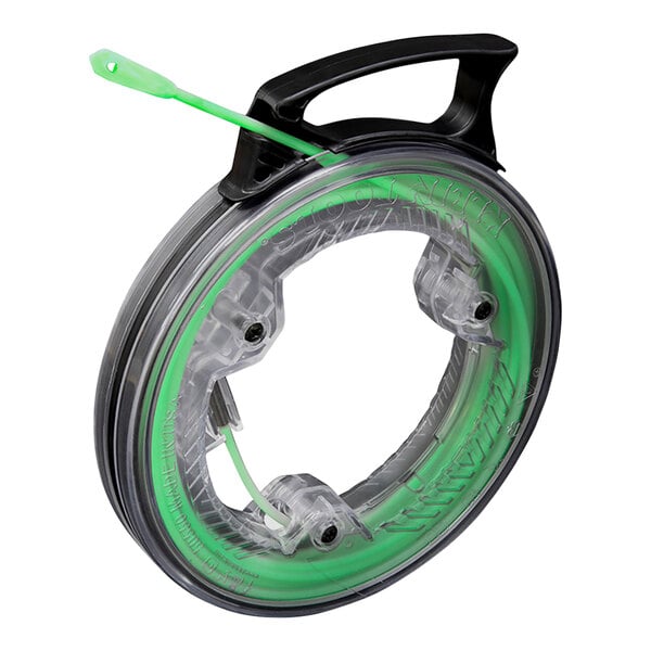 A green and black plastic Klein Tools fish tape reel.