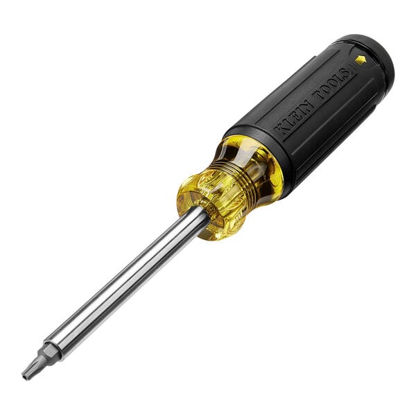 A Klein Tools tamperproof screwdriver with a yellow and black handle.