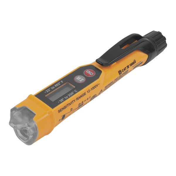 A yellow and black Klein Tools Non-Contact Voltage Tester Pen with Infrared Thermometer.