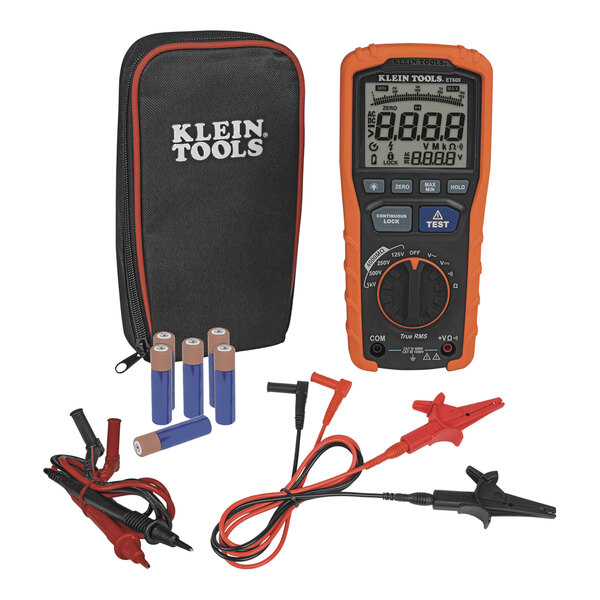 A black and red Klein Tools case with a Klein Tools Insulation Resistance Tester and wires inside.