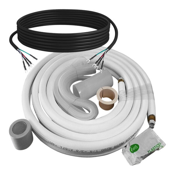 A white plastic bag containing a copper piping line set kit with white and black hoses inside.