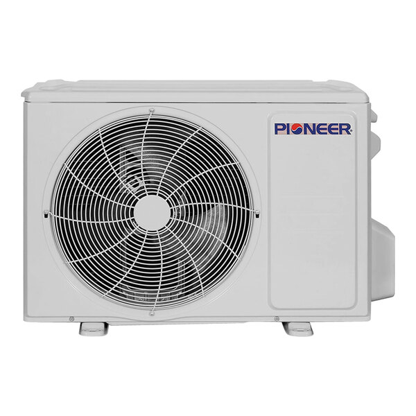 A white Pioneer mini split condenser with a fan.