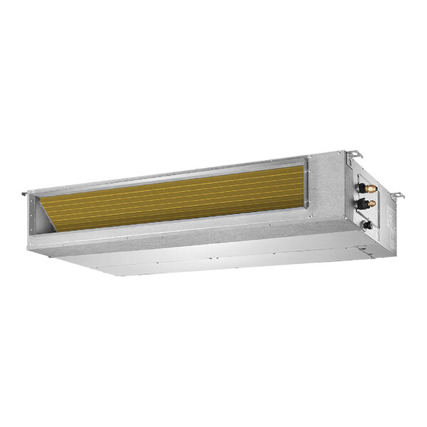 A rectangular metal Pioneer ducted air handler with a yellow filter.