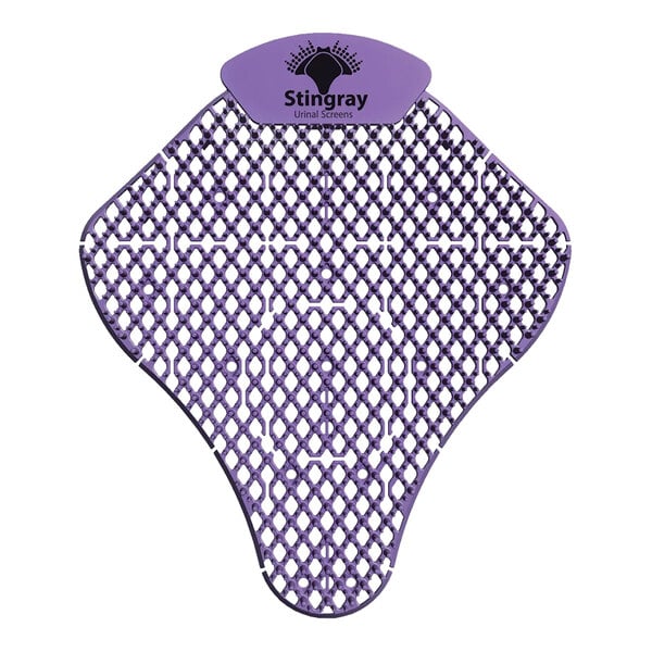 A purple mesh urinal screen with black text.