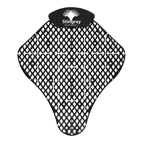 A black mesh urinal screen with black and white text.