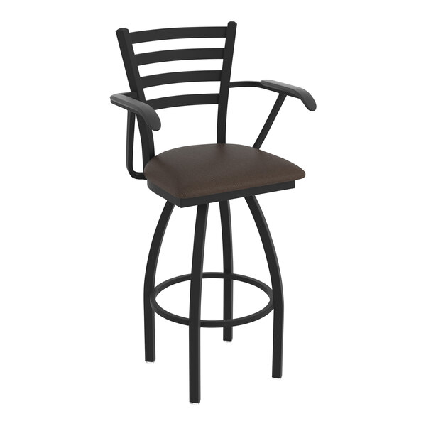 A black Holland Bar Stool Jackie Ladderback swivel restaurant bar stool with a brown vinyl seat.