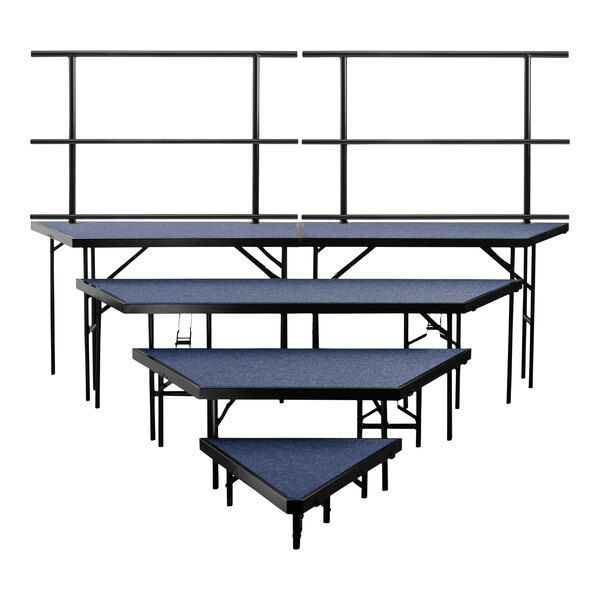 National Public Seating 111" x 133" 4-Level Blue Carpet Seated Riser Pie Set with Guardrails