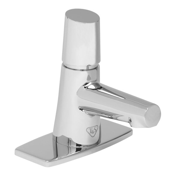 LakeCrest by T&S BP-0723-4DP 0.5 GPM Deck-Mount Metering Faucet with 6" Deck Plate, 4" Centers, Push Button Cap, and Vandal-Resistant Outlet