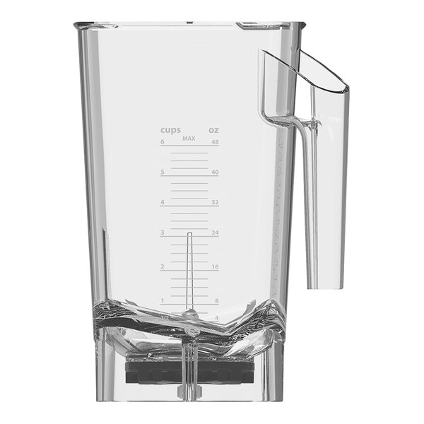 A clear glass container with a handle, lid, and blade for a Kuvings commercial blender.