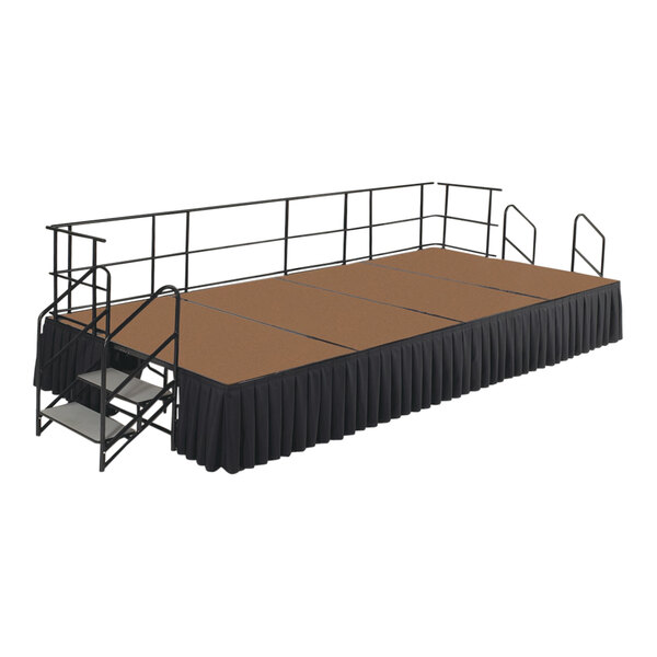 A National Public Seating stage with black railings and a black skirting.