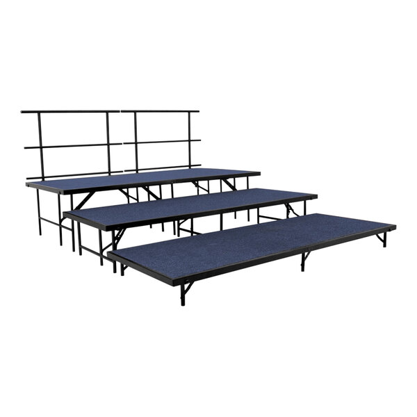 A set of three National Public Seating stage risers with blue carpet seats.