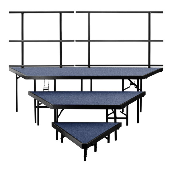 National Public Seating 3-Level Blue Carpet Seated Riser Pie Set with Guardrails