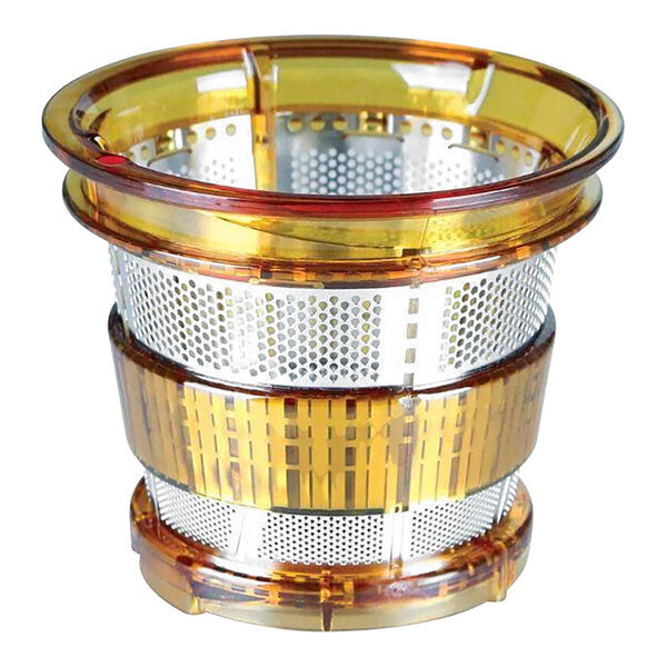 A yellow and gold mesh juicing strainer for a Kuvings juicer.