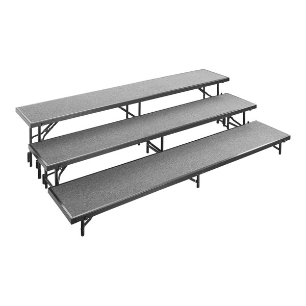 National Public Seating 54" x 96" 3-Level Gray Carpet Straight Choral Riser with gray metal steps.