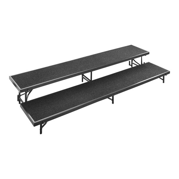 A black metal National Public Seating choral riser with two levels.
