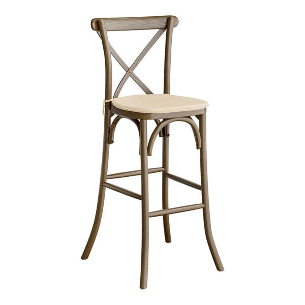 Lancaster Table & Seating Vineyard Series Espresso Outdoor Cross Back Bar Stool with 1" Beige Linen Cushion