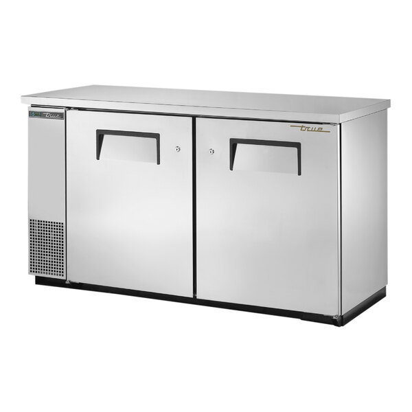 A True stainless steel back bar refrigerator with two solid doors.