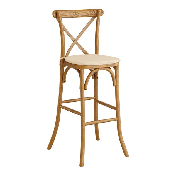 Lancaster Table & Seating Vineyard Series Vintage Outdoor Cross Back Bar Stool with 1" Beige Linen Cushion