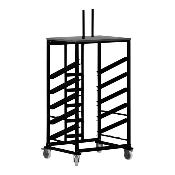 A black metal Flash Furniture table dolly with wheels.