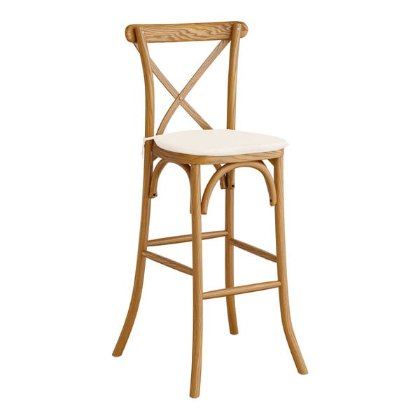 Lancaster Table & Seating Vineyard Series Vintage Outdoor Cross Back Bar Stool with 1" Ivory Linen Cushion