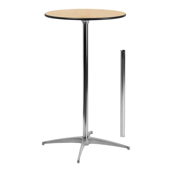 A Flash Furniture round birchwood cocktail table with metal poles.