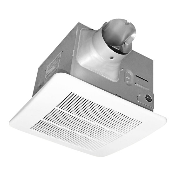 A Canarm BPT series bathroom exhaust fan with a metal neck and white vent cover installed in a white ceiling.