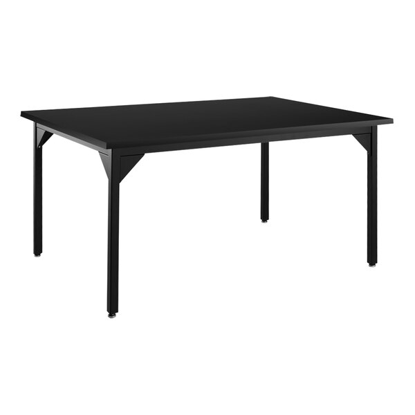 A black rectangular National Public Seating science lab table with black legs and an epoxy top.