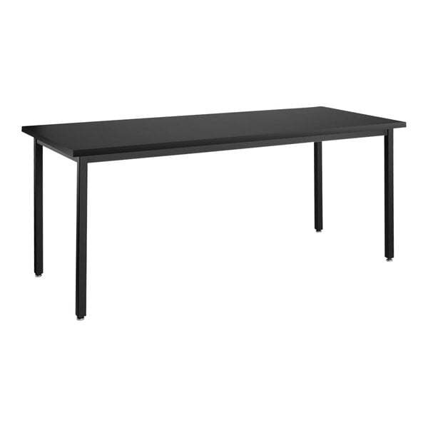 A black rectangular National Public Seating science lab table with legs.