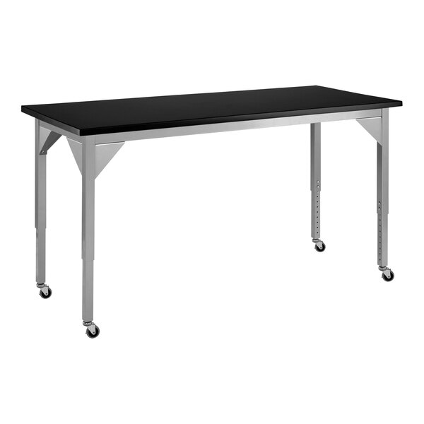 A gray steel National Public Seating science lab table with wheels.