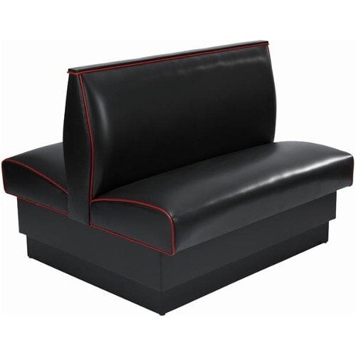 An American Tables & Seating black leather booth with red piping.