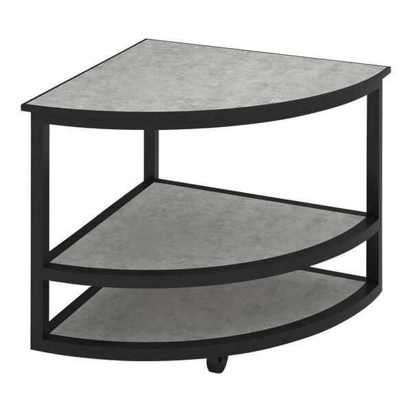 A Bon Chef corner table with a black frame and concrete laminate rounded corner shelf.