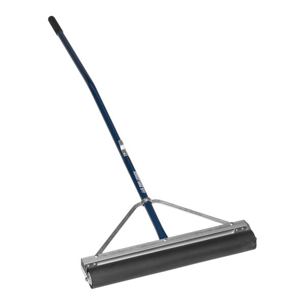 A blue and black Midwest Rake floor squeegee with a long handle.