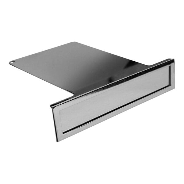 A High-Polished Chrome metal shelf overlay sign with a rectangular frame and metal plate.
