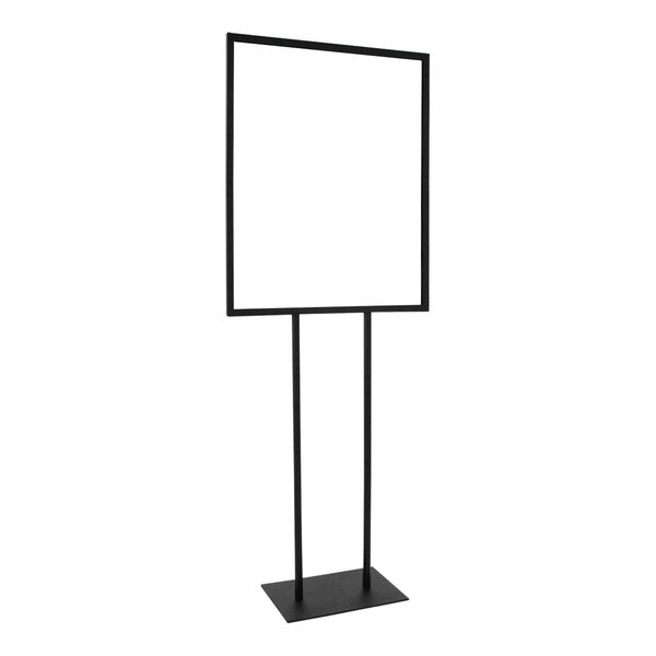 A black rectangular sign holder with twin legs holding a white sign.