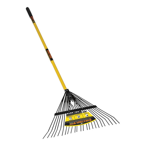 A Seymour Midwest Structron rake with a yellow handle.
