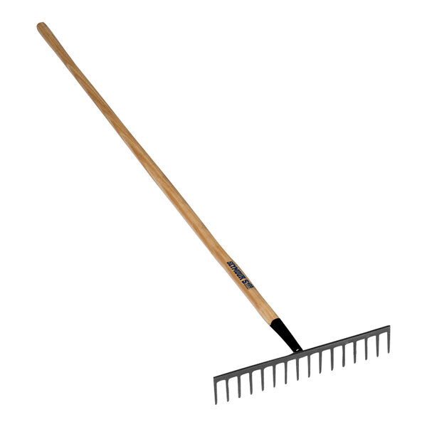 A Seymour Midwest level head rake with a wooden handle.