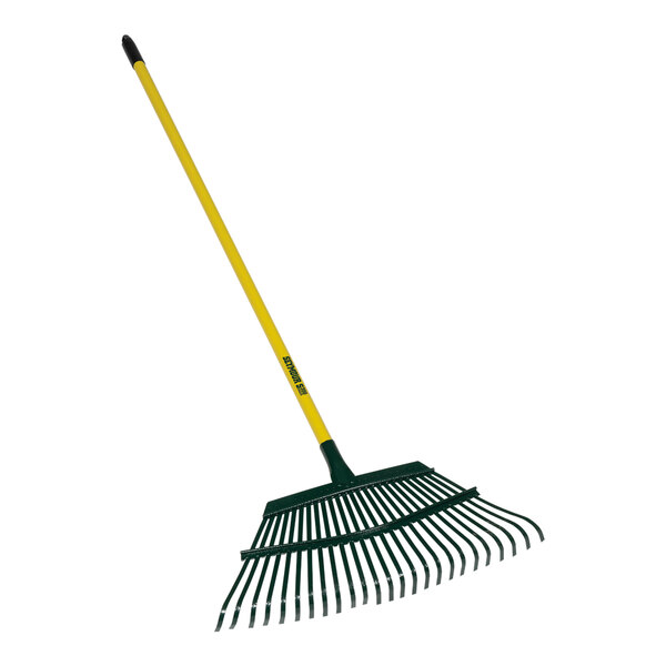 A green and yellow Seymour Midwest leaf rake with a yellow vinyl-coated steel handle.