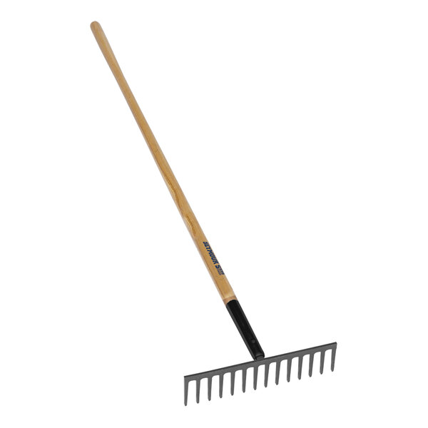 A Seymour Midwest stone rake with a wooden handle and black metal tines.
