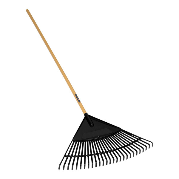 A black Seymour Midwest leaf rake with a wooden handle.